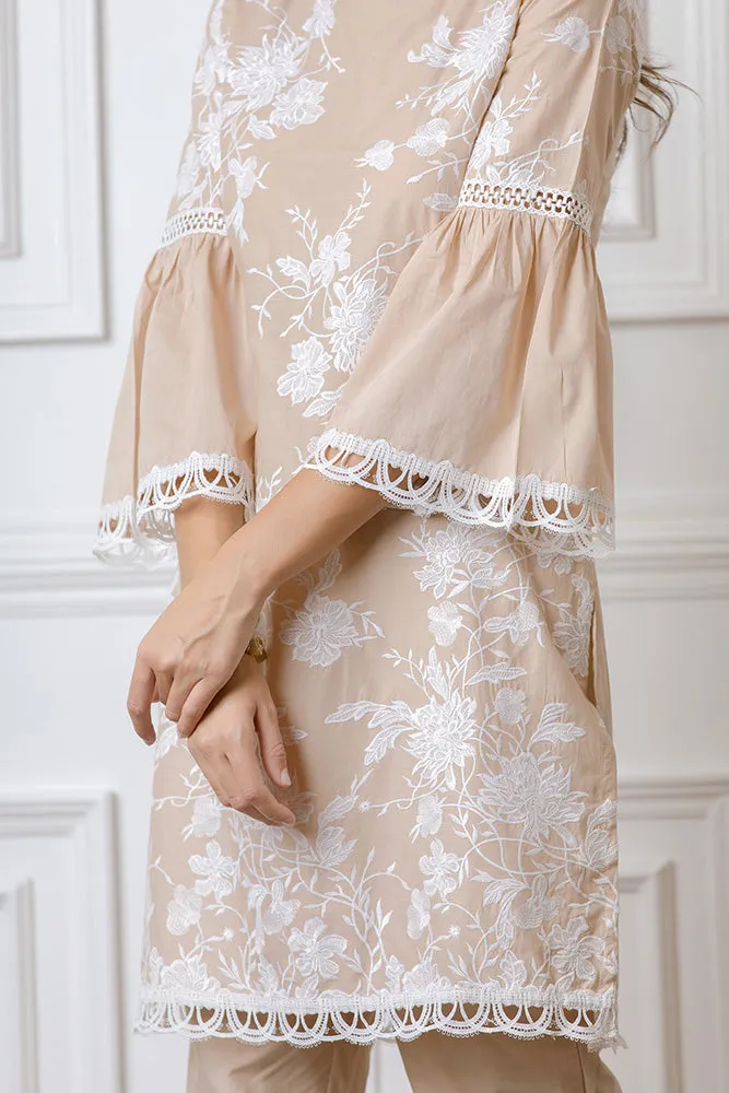 Mulmul Cecilia Beige Kurta With Floral Embroidered Pyajamas