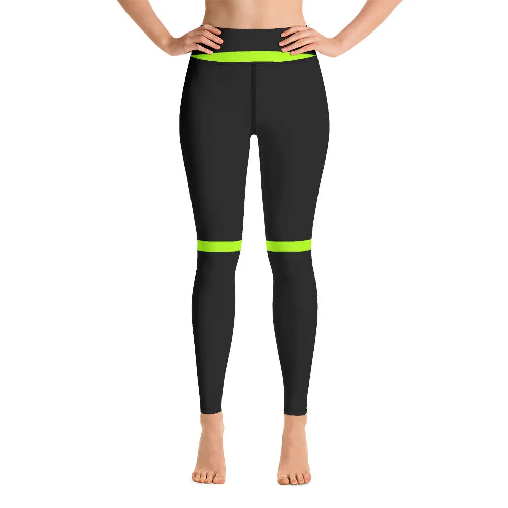 Neon Green Striped Yoga Leggings, Black Green Women's Long Workout Tights-Made in USA/EU