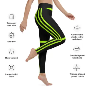 Neon Green Striped Yoga Leggings, Black Green Women's Long Workout Tights-Made in USA/EU