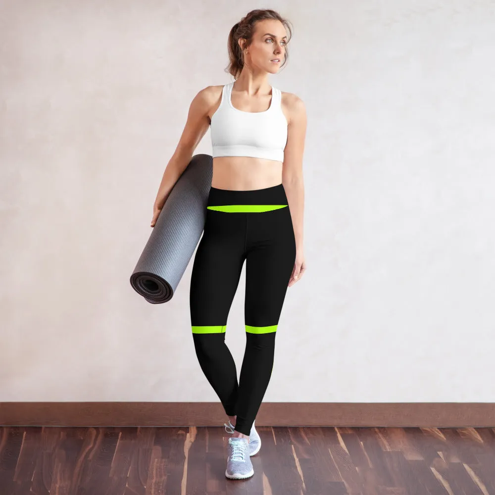 Neon Green Striped Yoga Leggings, Black Green Women's Long Workout Tights-Made in USA/EU