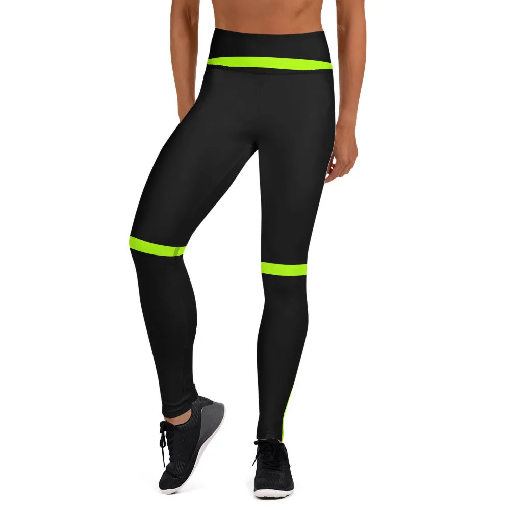 Neon Green Striped Yoga Leggings, Black Green Women's Long Workout Tights-Made in USA/EU