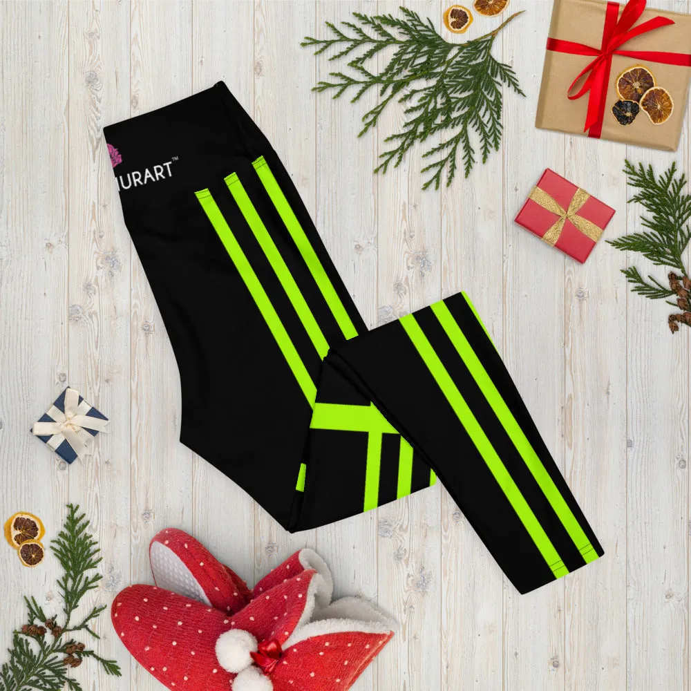 Neon Green Striped Yoga Leggings, Black Green Women's Long Workout Tights-Made in USA/EU