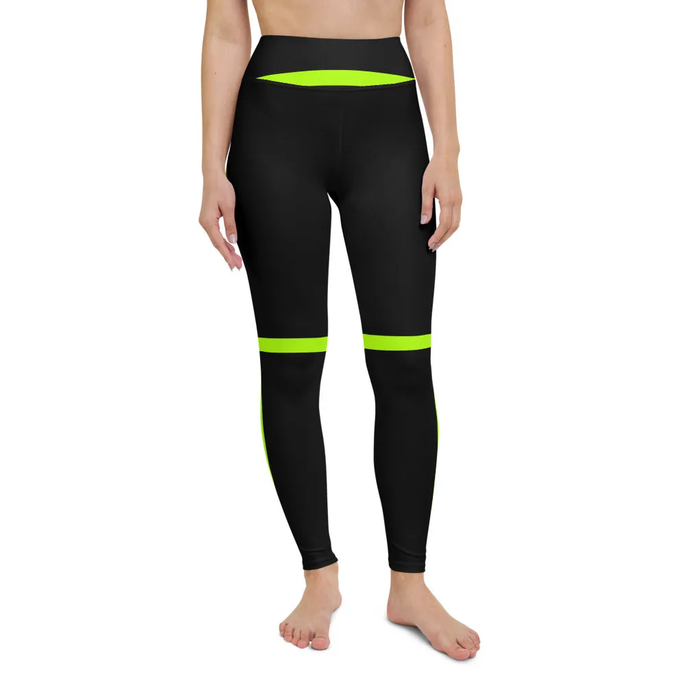 Neon Green Striped Yoga Leggings, Black Green Women's Long Workout Tights-Made in USA/EU