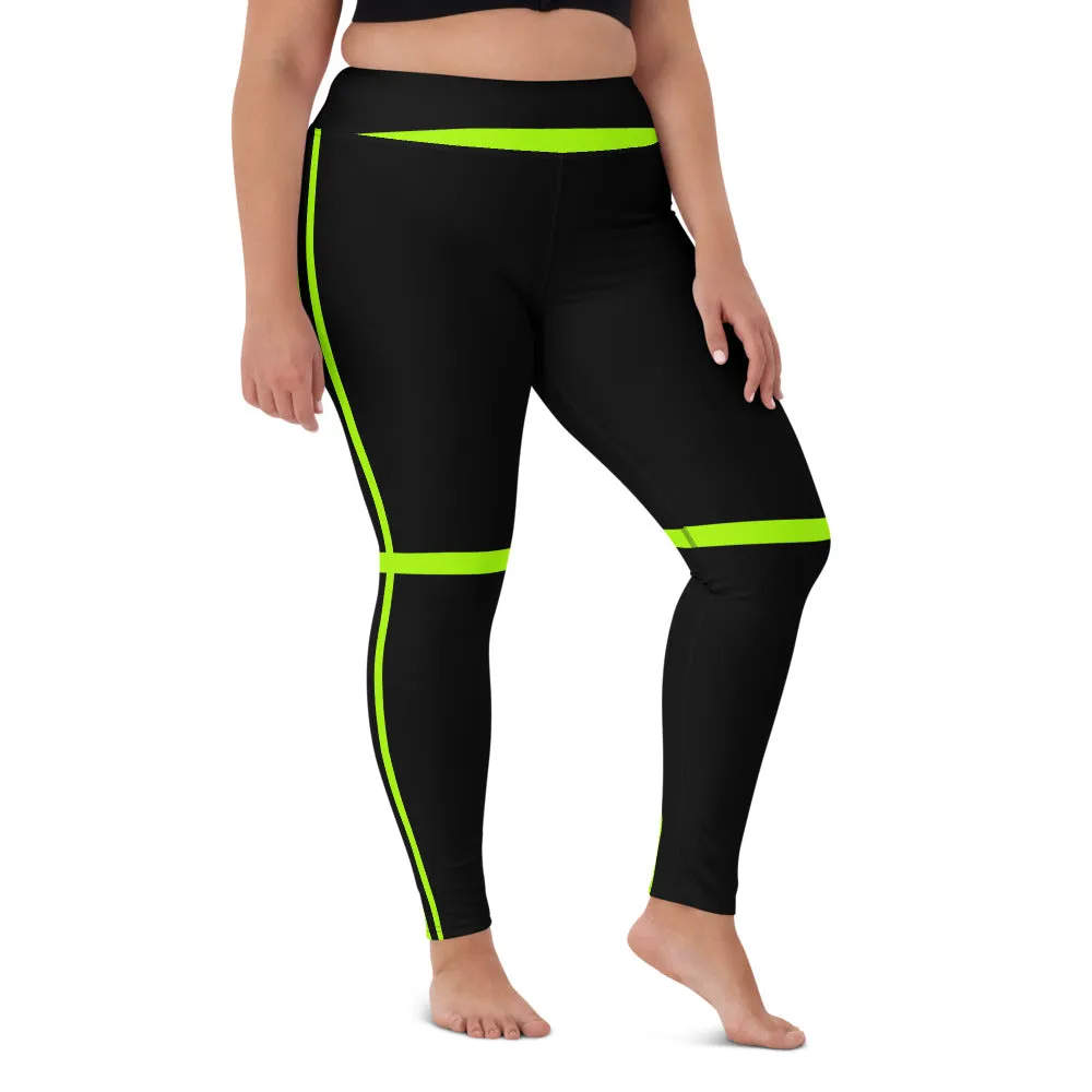 Neon Green Striped Yoga Leggings, Black Green Women's Long Workout Tights-Made in USA/EU