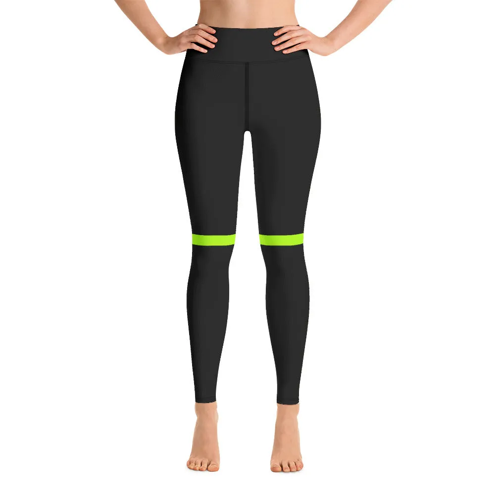 Neon Green Women's Yoga Leggings, Striped Black Compression Soft Tights-Made in USA/EU/MX