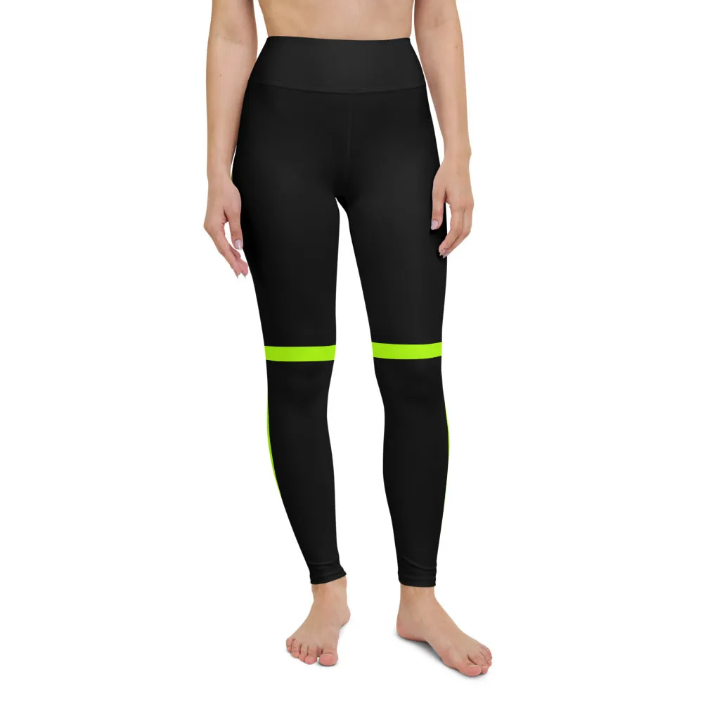 Neon Green Women's Yoga Leggings, Striped Black Compression Soft Tights-Made in USA/EU/MX