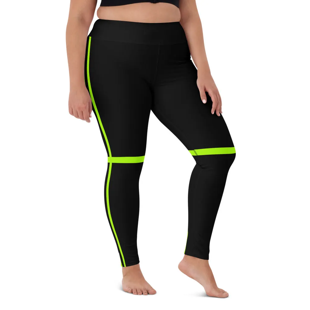 Neon Green Women's Yoga Leggings, Striped Black Compression Soft Tights-Made in USA/EU/MX