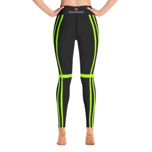 Neon Green Women's Yoga Leggings, Striped Black Compression Soft Tights-Made in USA/EU/MX