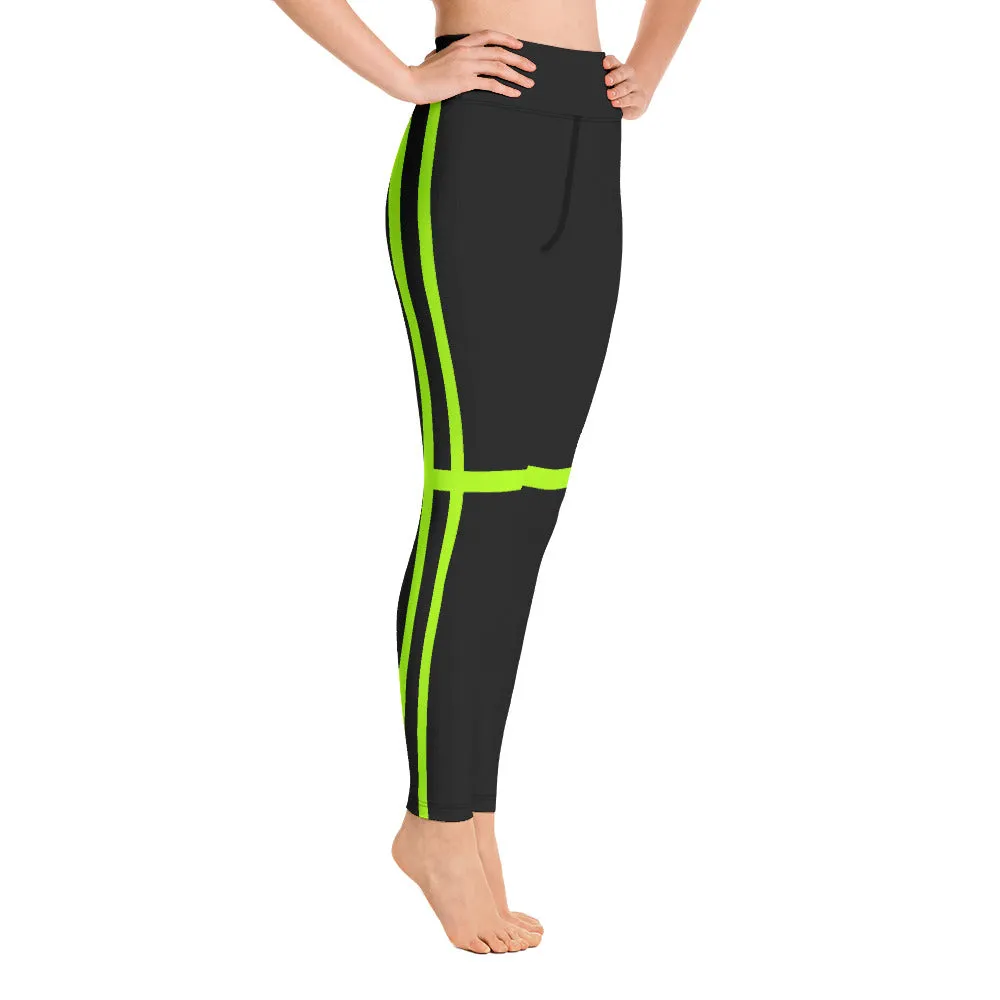 Neon Green Women's Yoga Leggings, Striped Black Compression Soft Tights-Made in USA/EU/MX