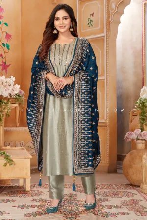 Olive/Petrol Blue Straight Cut Suit with Attractive Work