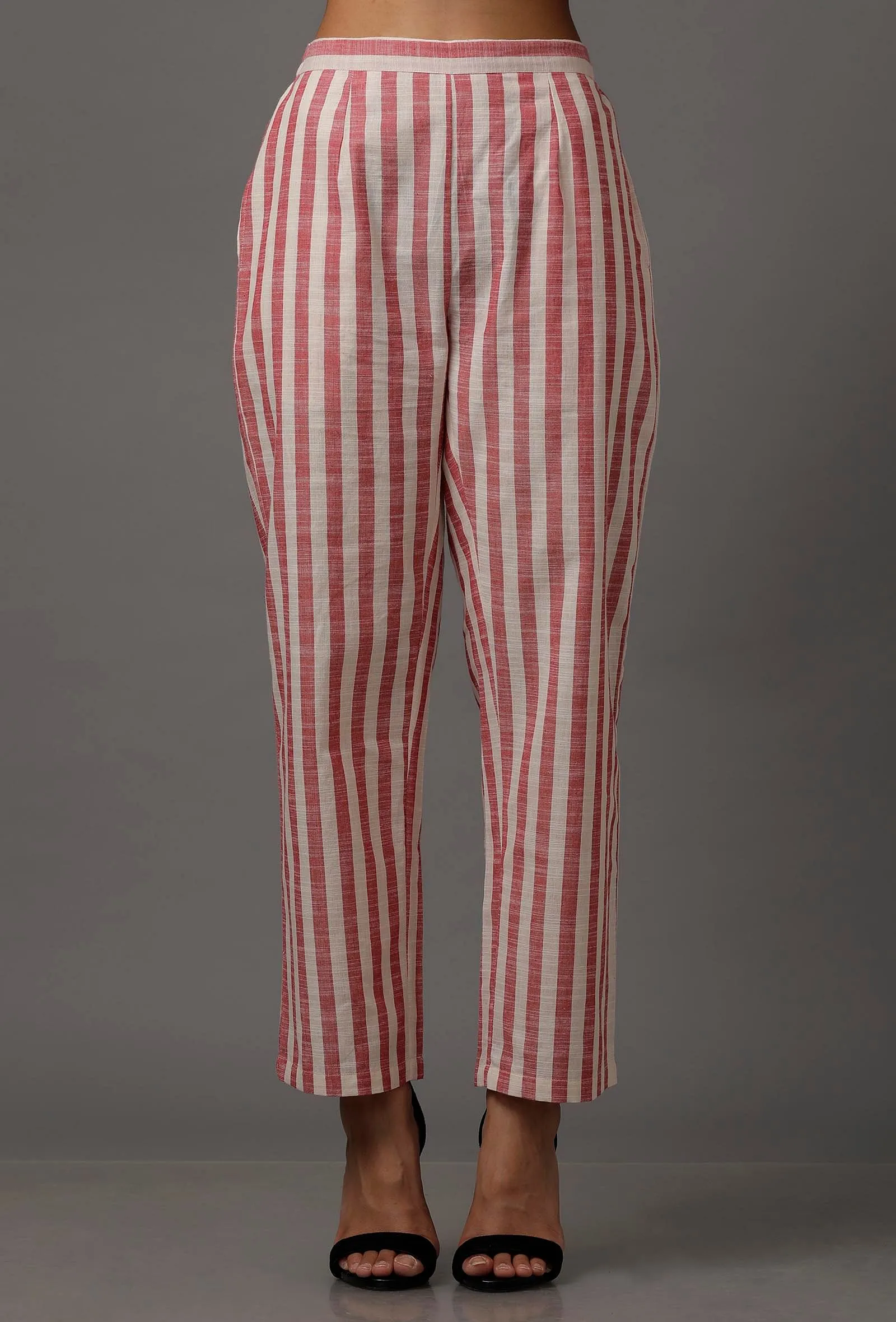 Peach  Red and White Stripes Pure Woven Cotton Pants