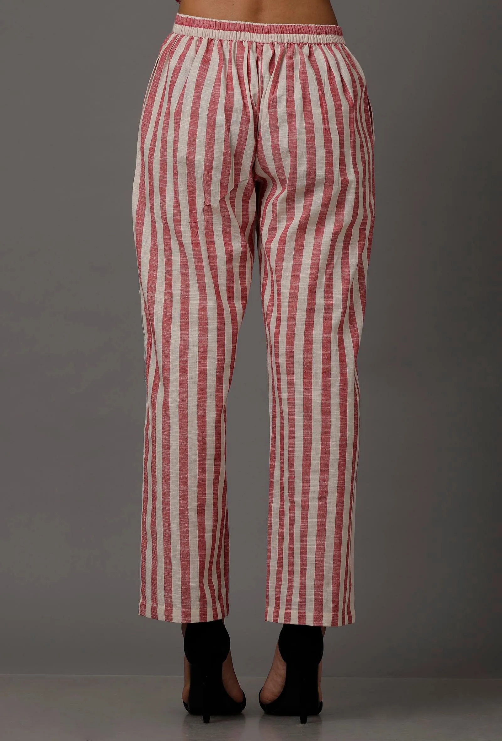 Peach  Red and White Stripes Pure Woven Cotton Pants