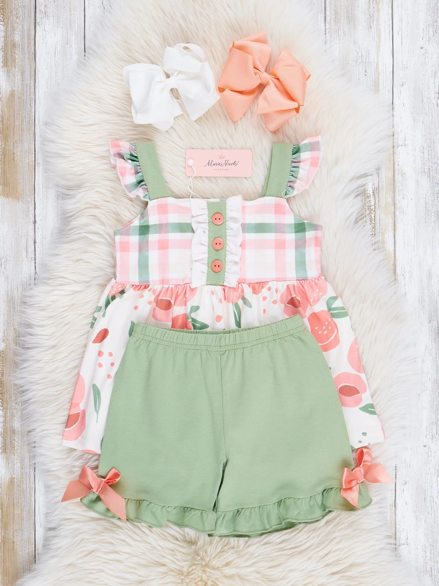 Peaches & Green Gingham Ruffle Outfit