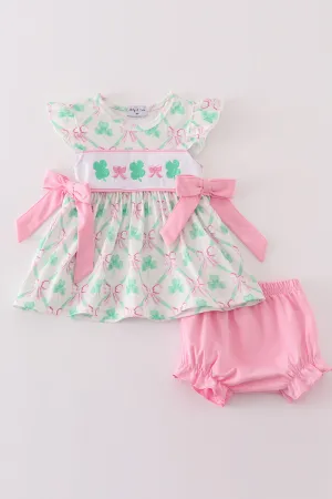 Pink green bow clover embroidery girl bloomer set