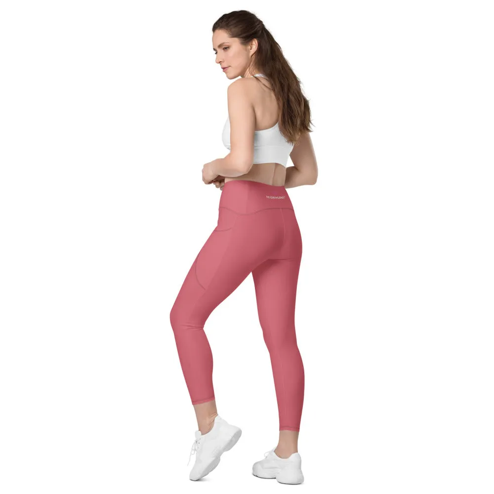 Pink Women's Tights, Solid Color Best Yoga Pants With 2 Side Deep Long Pockets - Made in USA/EU/MX (US Size: 2XS-6XL)