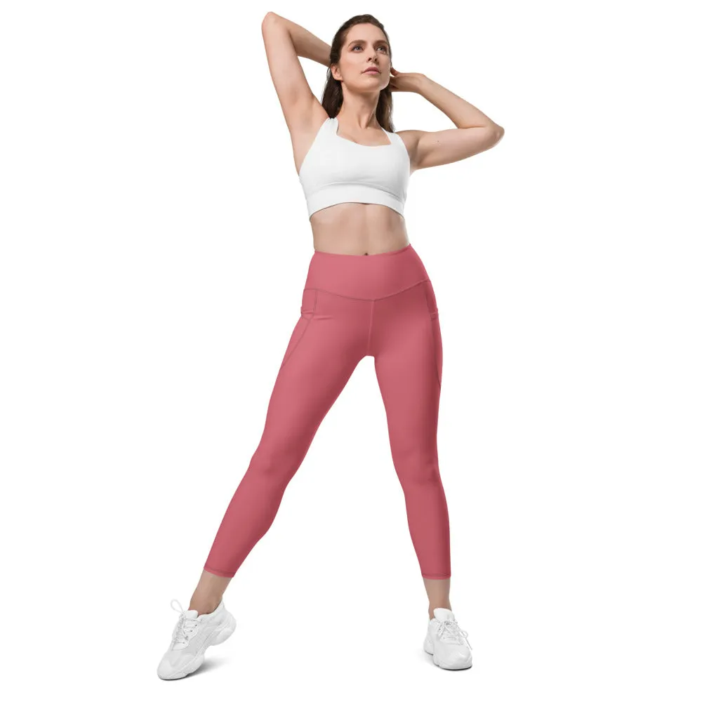 Pink Women's Tights, Solid Color Best Yoga Pants With 2 Side Deep Long Pockets - Made in USA/EU/MX (US Size: 2XS-6XL)