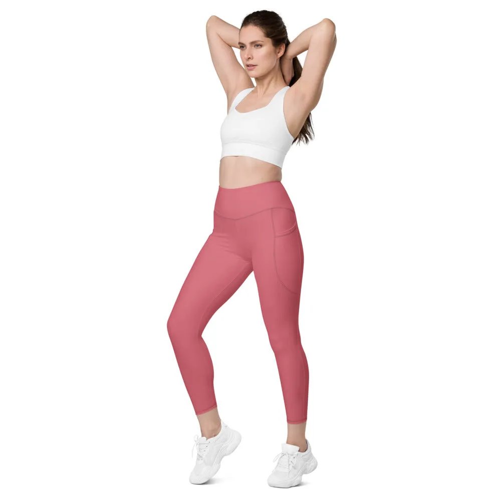 Pink Women's Tights, Solid Color Best Yoga Pants With 2 Side Deep Long Pockets - Made in USA/EU/MX (US Size: 2XS-6XL)