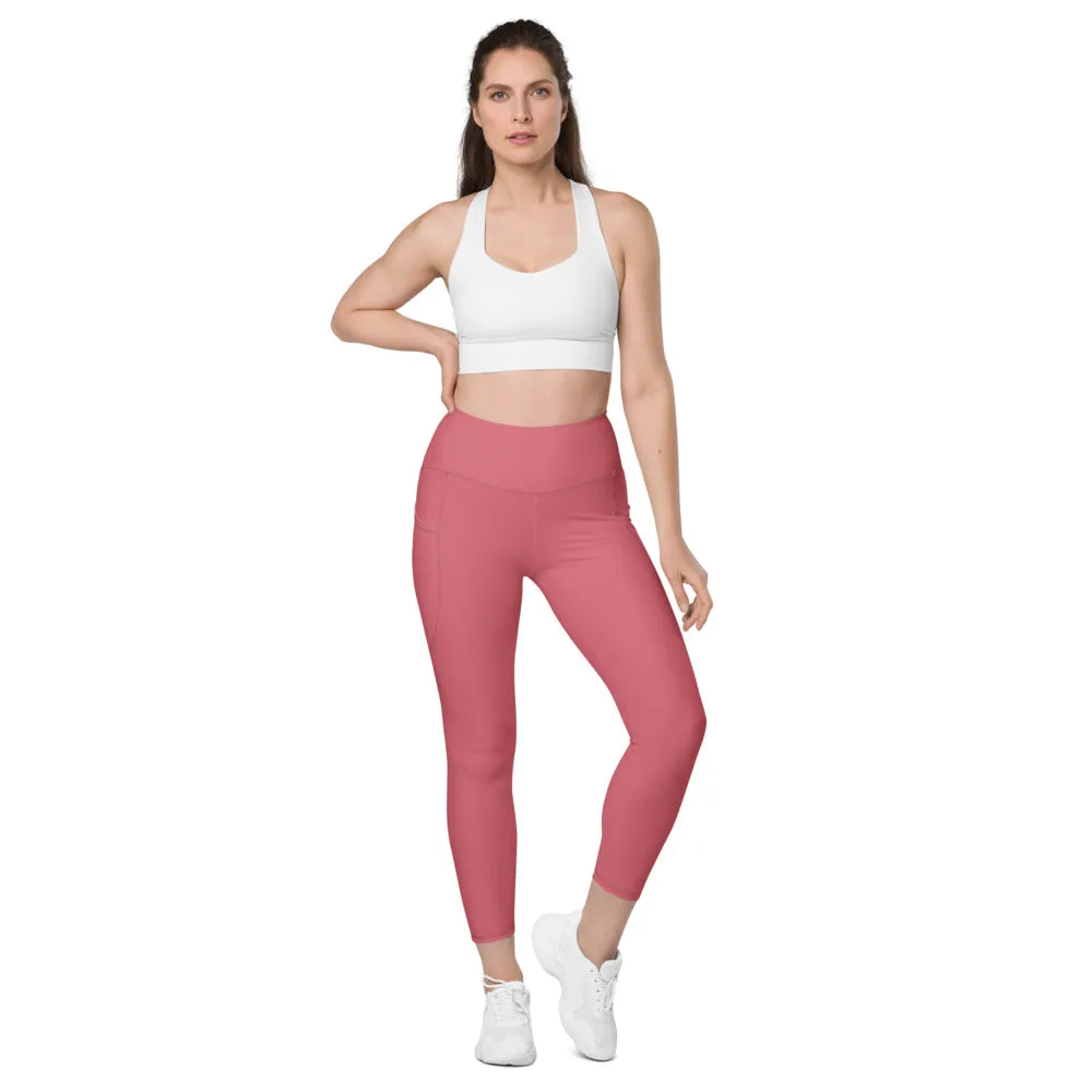 Pink Women's Tights, Solid Color Best Yoga Pants With 2 Side Deep Long Pockets - Made in USA/EU/MX (US Size: 2XS-6XL)