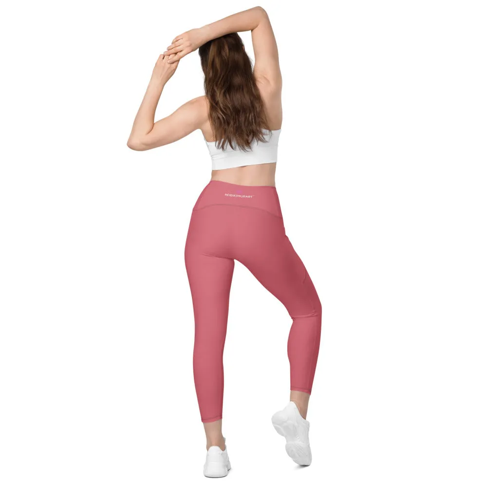 Pink Women's Tights, Solid Color Best Yoga Pants With 2 Side Deep Long Pockets - Made in USA/EU/MX (US Size: 2XS-6XL)