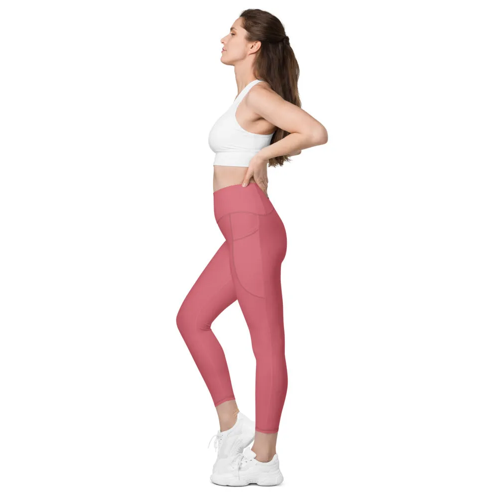 Pink Women's Tights, Solid Color Best Yoga Pants With 2 Side Deep Long Pockets - Made in USA/EU/MX (US Size: 2XS-6XL)