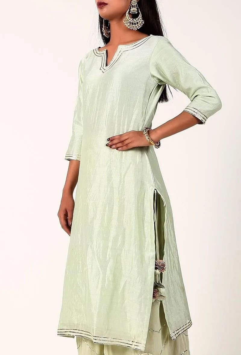 Pistachio Green Pure Chanderi Kurta With Gota Detailing