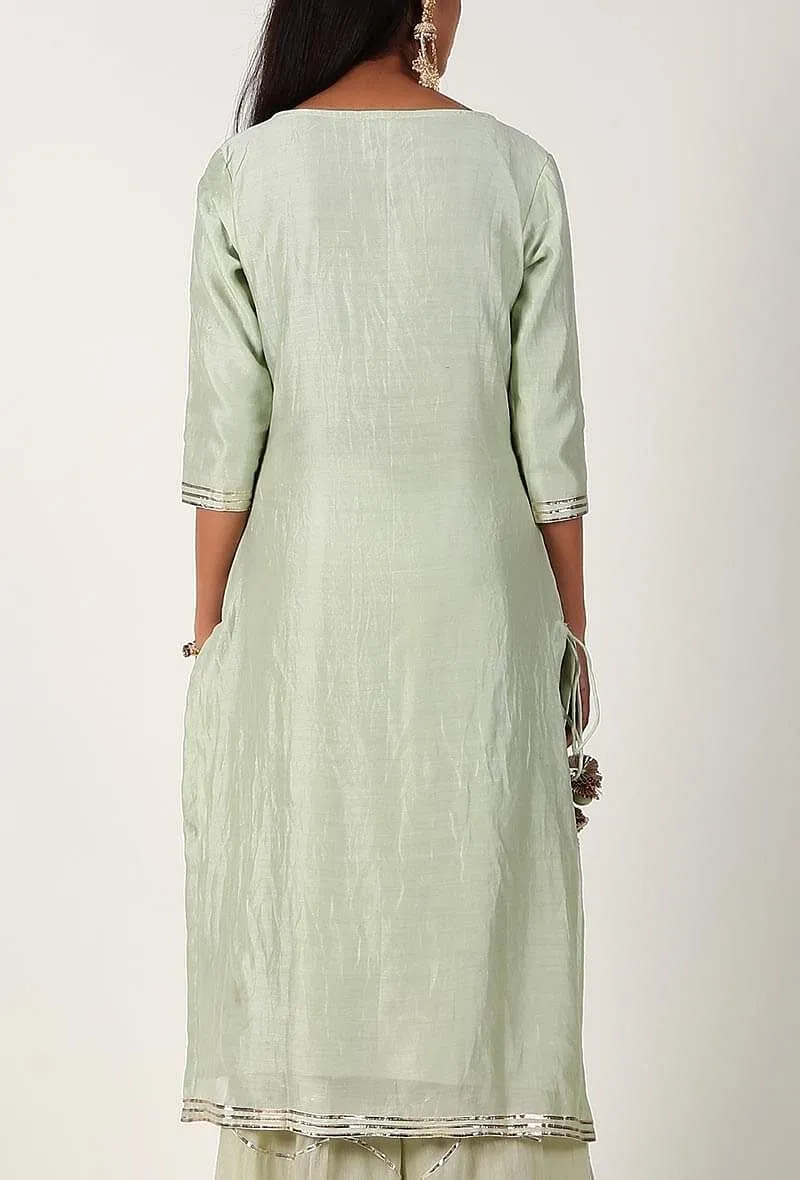 Pistachio Green Pure Chanderi Kurta With Gota Detailing