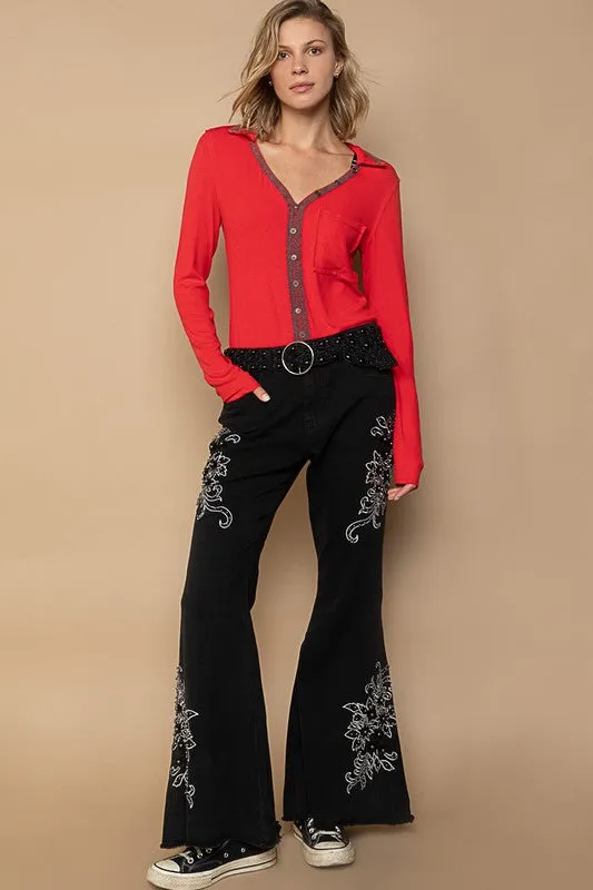 POL Cotton Women Flare Pants Raw Hem Floral Embroidered Trousers Pocketed