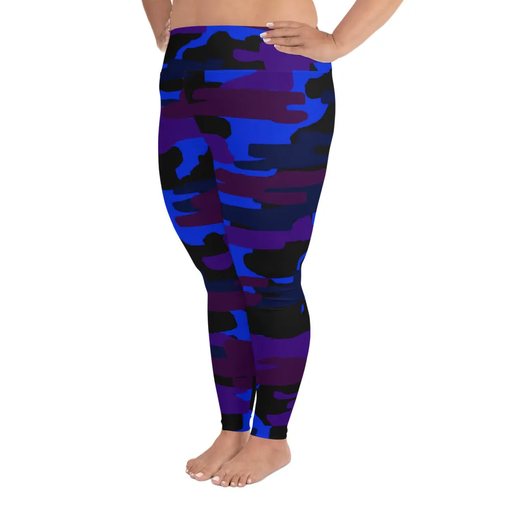 Purple Blue Camo Long Tights, Best Camouflage Camo Military Print Women's Plus Size Leggings