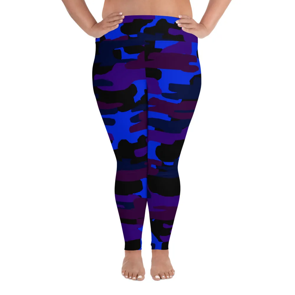 Purple Blue Camo Long Tights, Best Camouflage Camo Military Print Women's Plus Size Leggings