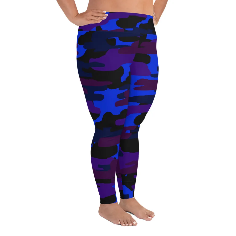 Purple Blue Camo Long Tights, Best Camouflage Camo Military Print Women's Plus Size Leggings