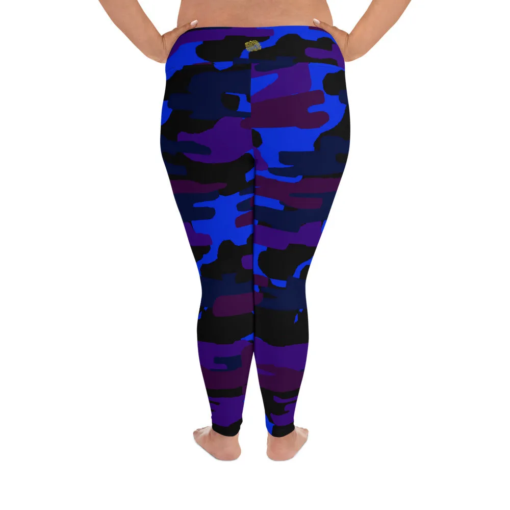 Purple Blue Camo Long Tights, Best Camouflage Camo Military Print Women's Plus Size Leggings