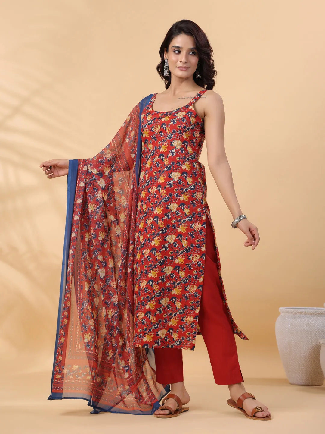 Red Cotton Floral Straight Kurta Set