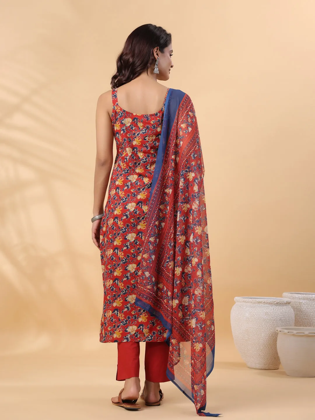 Red Cotton Floral Straight Kurta Set