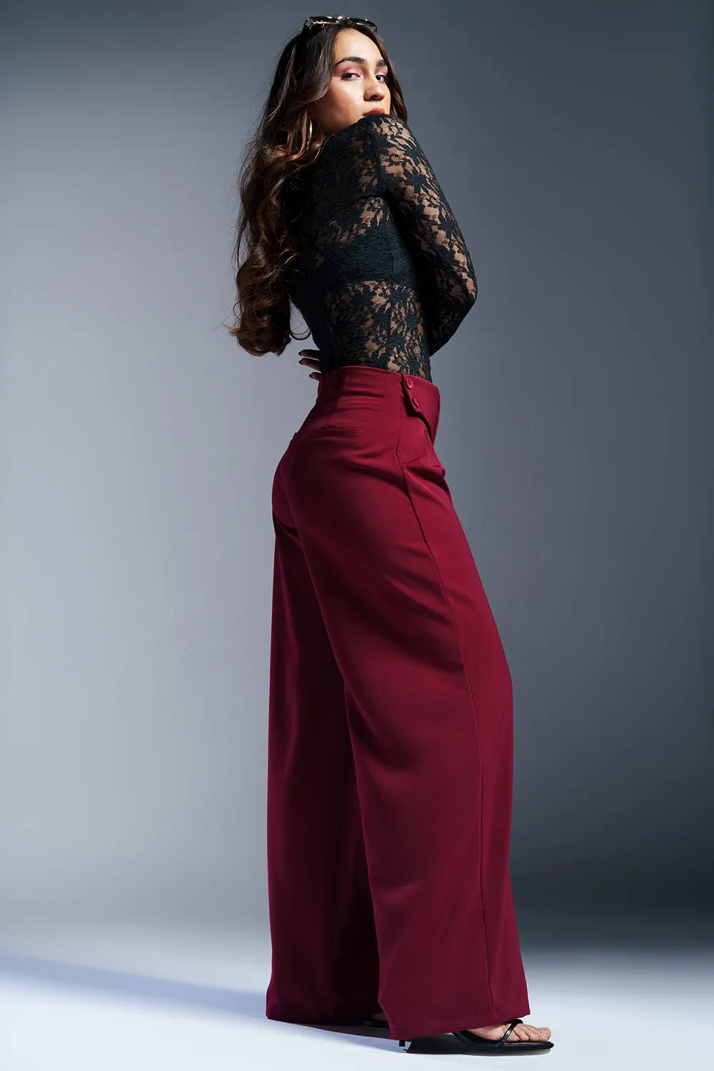 Regal Red Stylised Waist Korean Pants