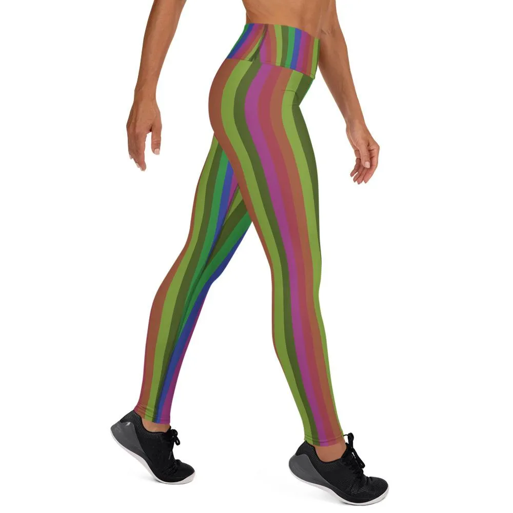 Retro Rainbow Striped Long Tights, Faded Rainbow Stripe Retro Style Print Women's Yoga Leggings- Made in USA