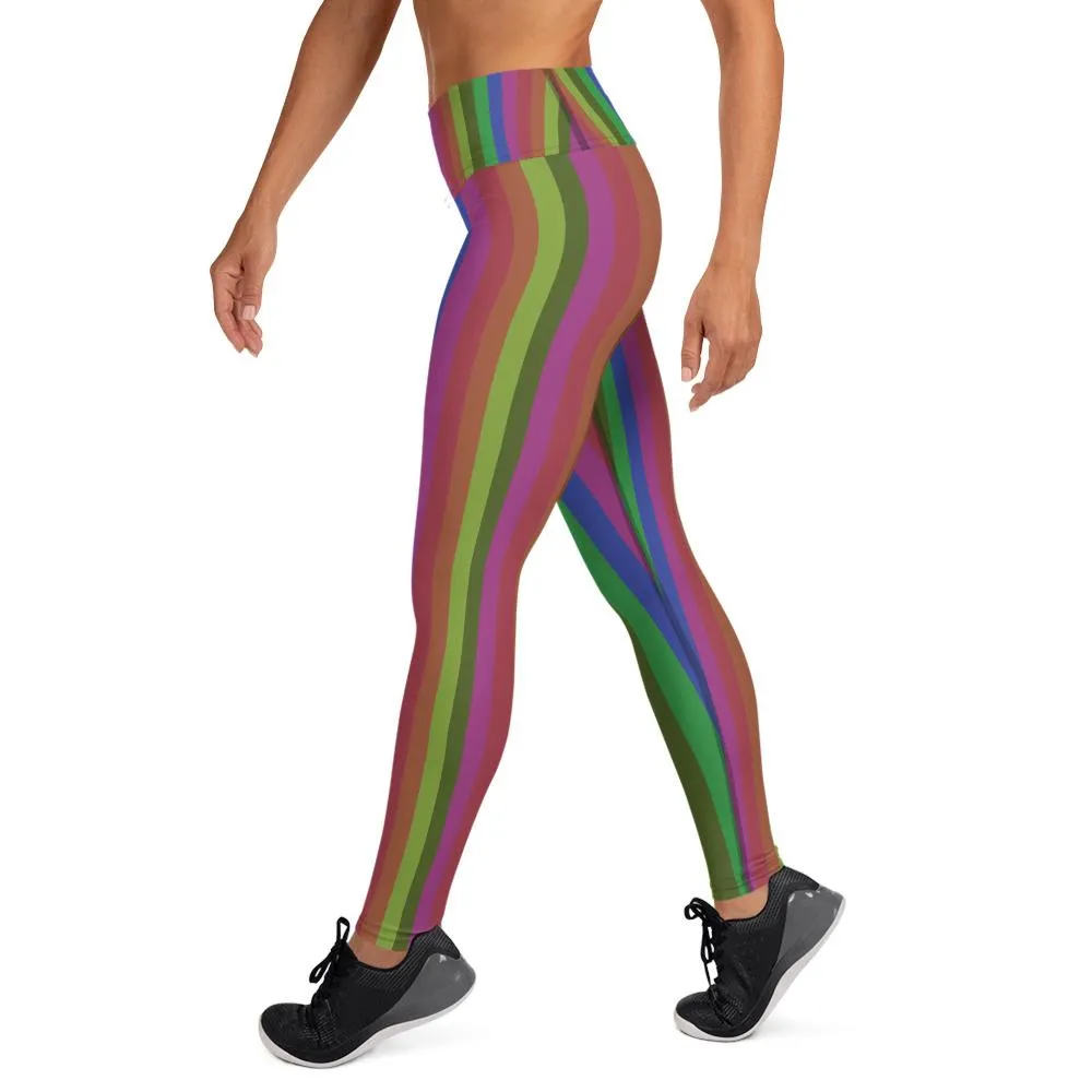 Retro Rainbow Striped Long Tights, Faded Rainbow Stripe Retro Style Print Women's Yoga Leggings- Made in USA