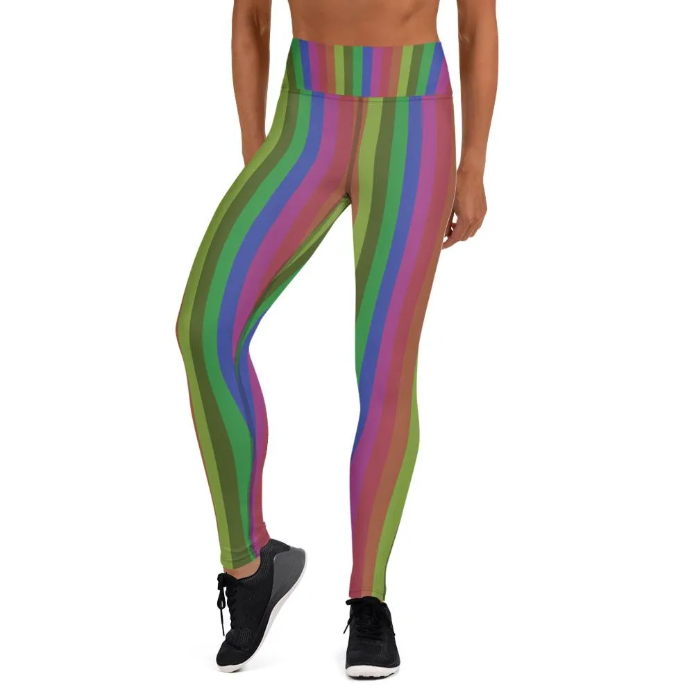 Retro Rainbow Striped Long Tights, Faded Rainbow Stripe Retro Style Print Women's Yoga Leggings- Made in USA