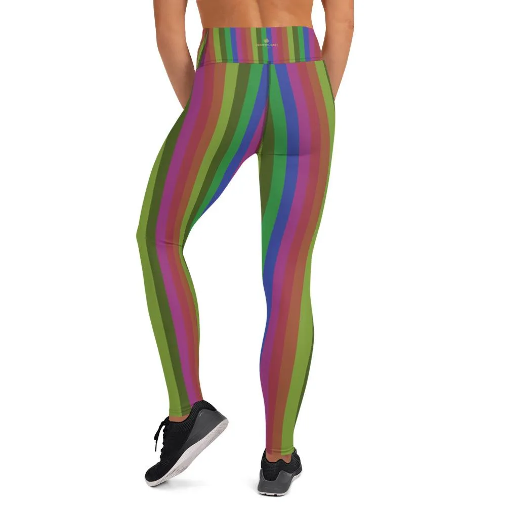 Retro Rainbow Striped Long Tights, Faded Rainbow Stripe Retro Style Print Women's Yoga Leggings- Made in USA