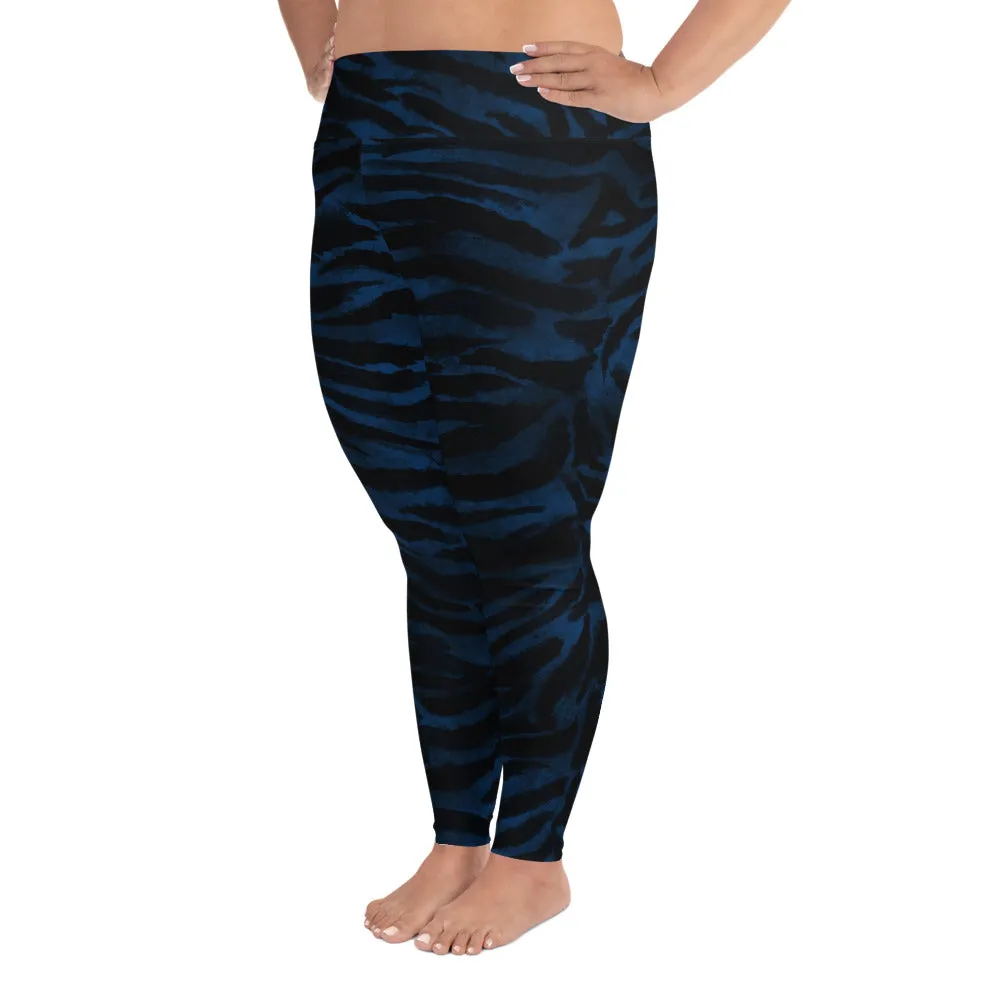 Royal Blue Tiger Striped Tights, Best Tiger Stripe Animal Print Women's Long Yoga Pants Plus Size Leggings