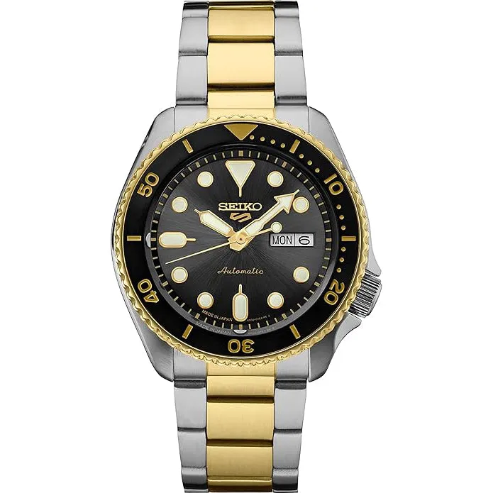 Seiko Men's Black Dial Gray Gold Two Tone Stainless Steel Band Mechanical Watch - SRPK22