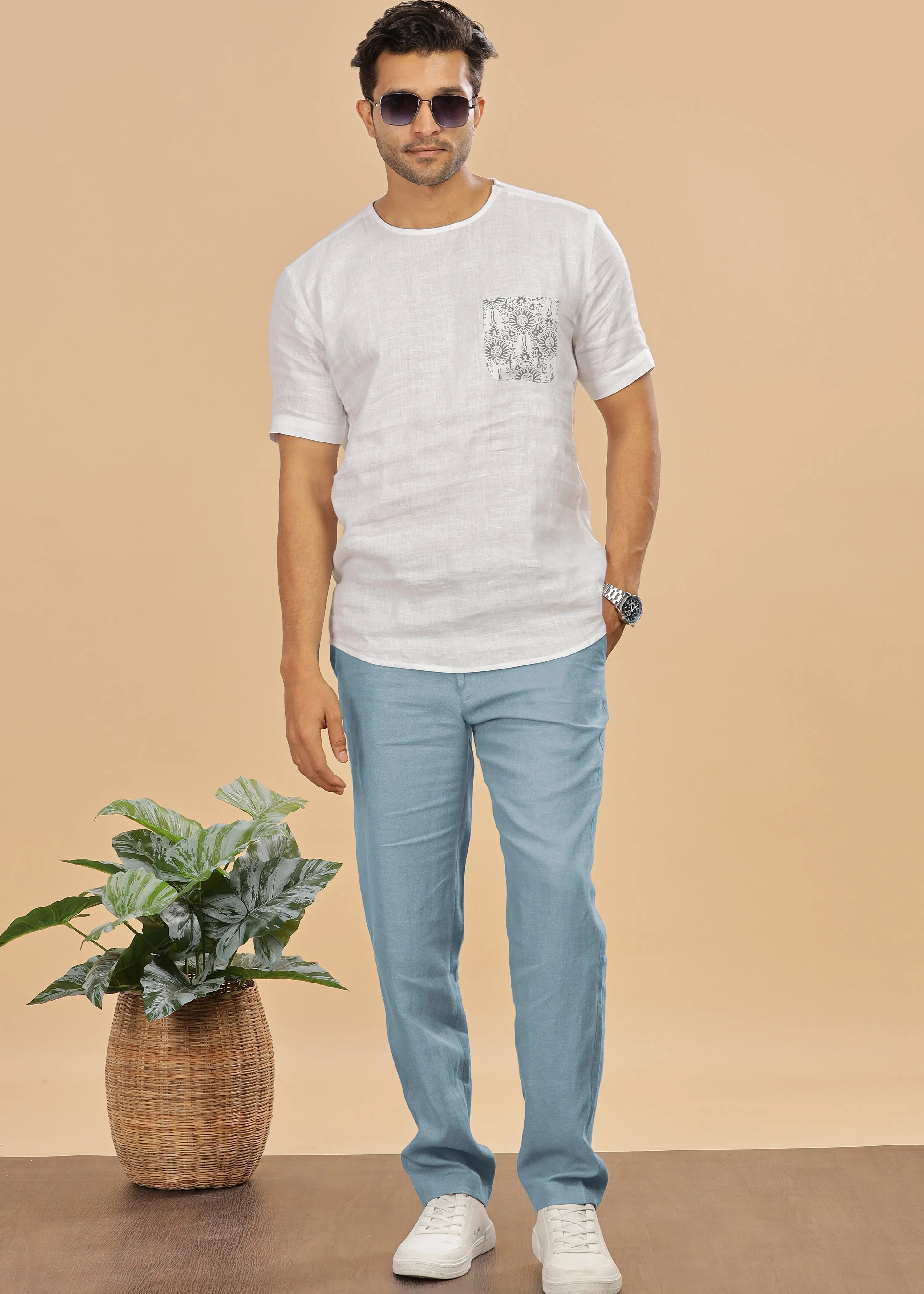 Theo - Linen Travel Pants - Light Blue Grey