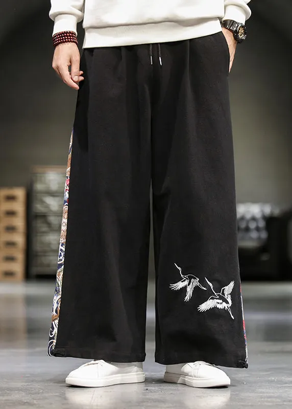 Unique Navy Embroideried Patchwork Cotton Men Wide Leg Pants Summer SA055