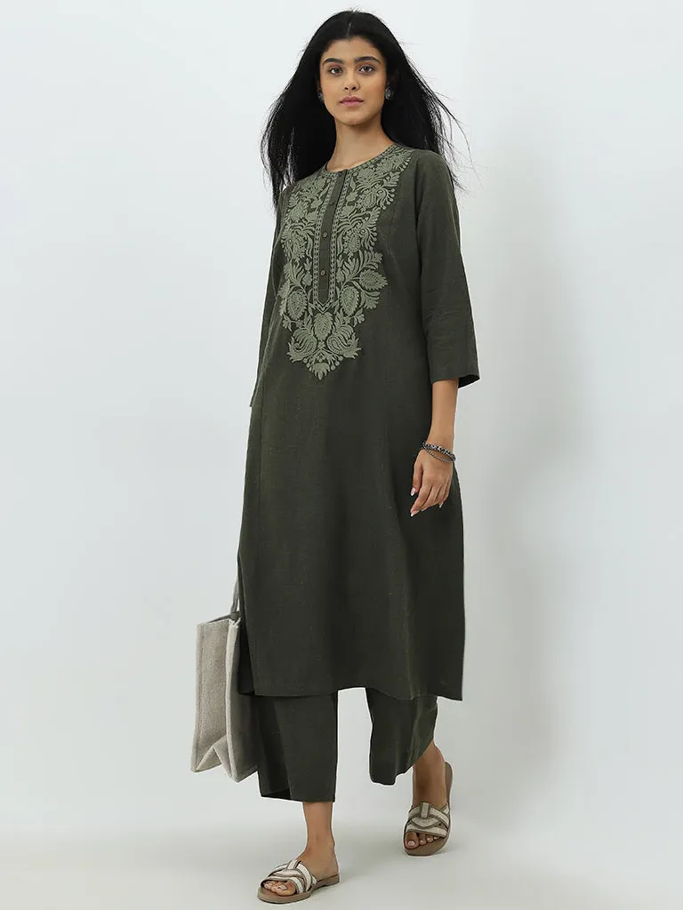 Utsa Olive High-Rise Cotton Ethnic Pants