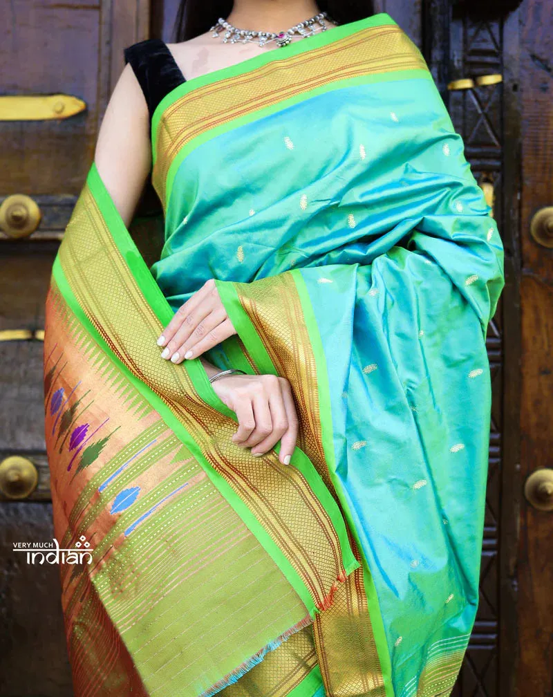 Utsaav ~ Traditional Pure Silk Handloom Paithani ~ Dual Tone Blue Green with Fresh Green Border