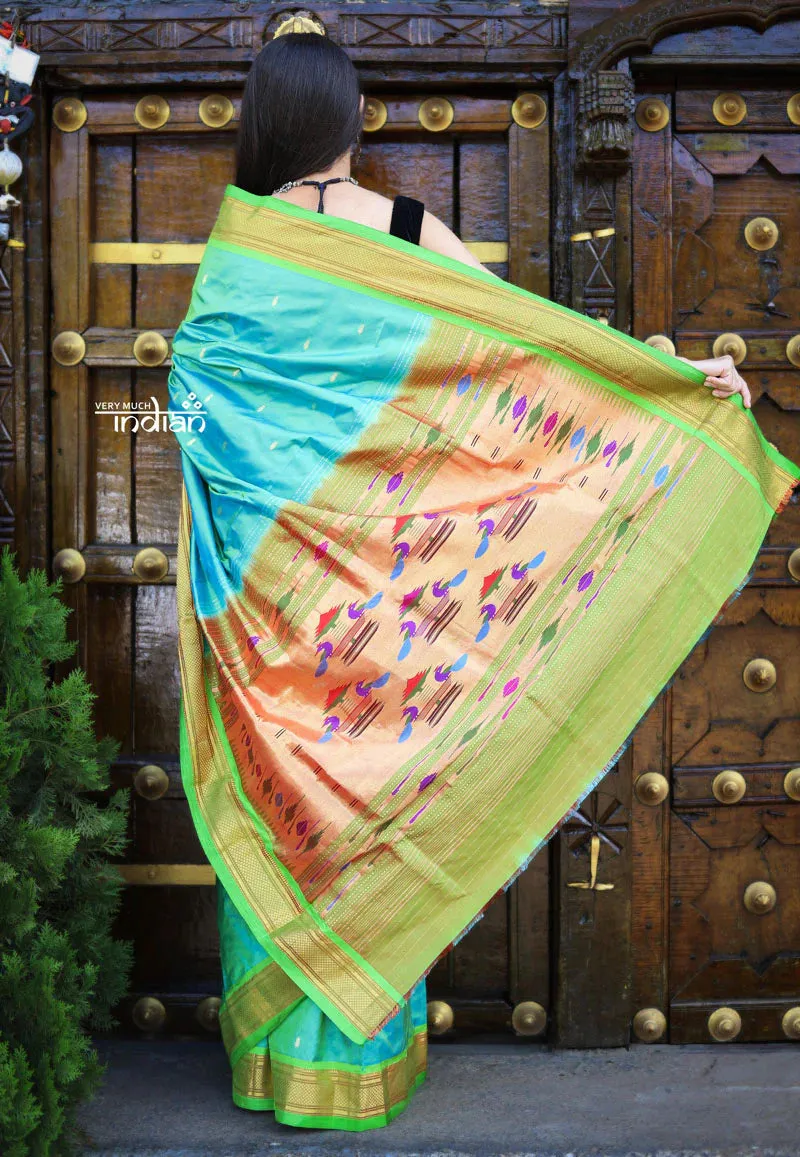 Utsaav ~ Traditional Pure Silk Handloom Paithani ~ Dual Tone Blue Green with Fresh Green Border