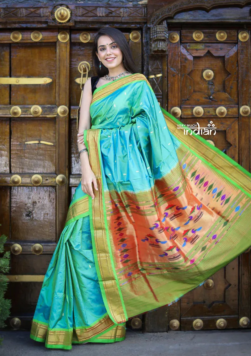 Utsaav ~ Traditional Pure Silk Handloom Paithani ~ Dual Tone Blue Green with Fresh Green Border