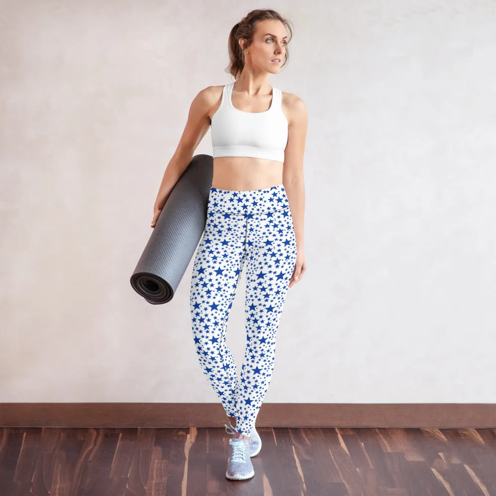 White Blue Starry Yoga Leggings, Fun Star Pattern Women's Gym Sports Tights-Made in USA/EU