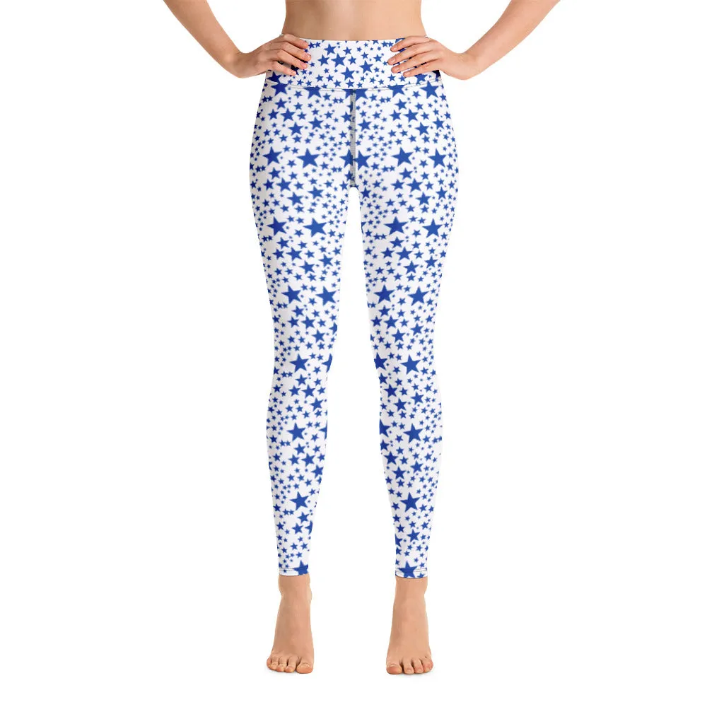 White Blue Starry Yoga Leggings, Fun Star Pattern Women's Gym Sports Tights-Made in USA/EU