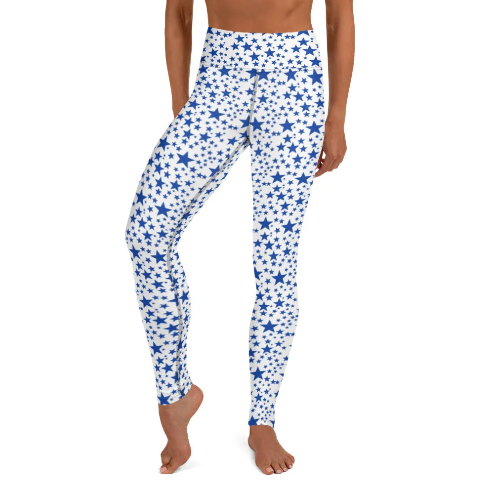 White Blue Starry Yoga Leggings, Fun Star Pattern Women's Gym Sports Tights-Made in USA/EU