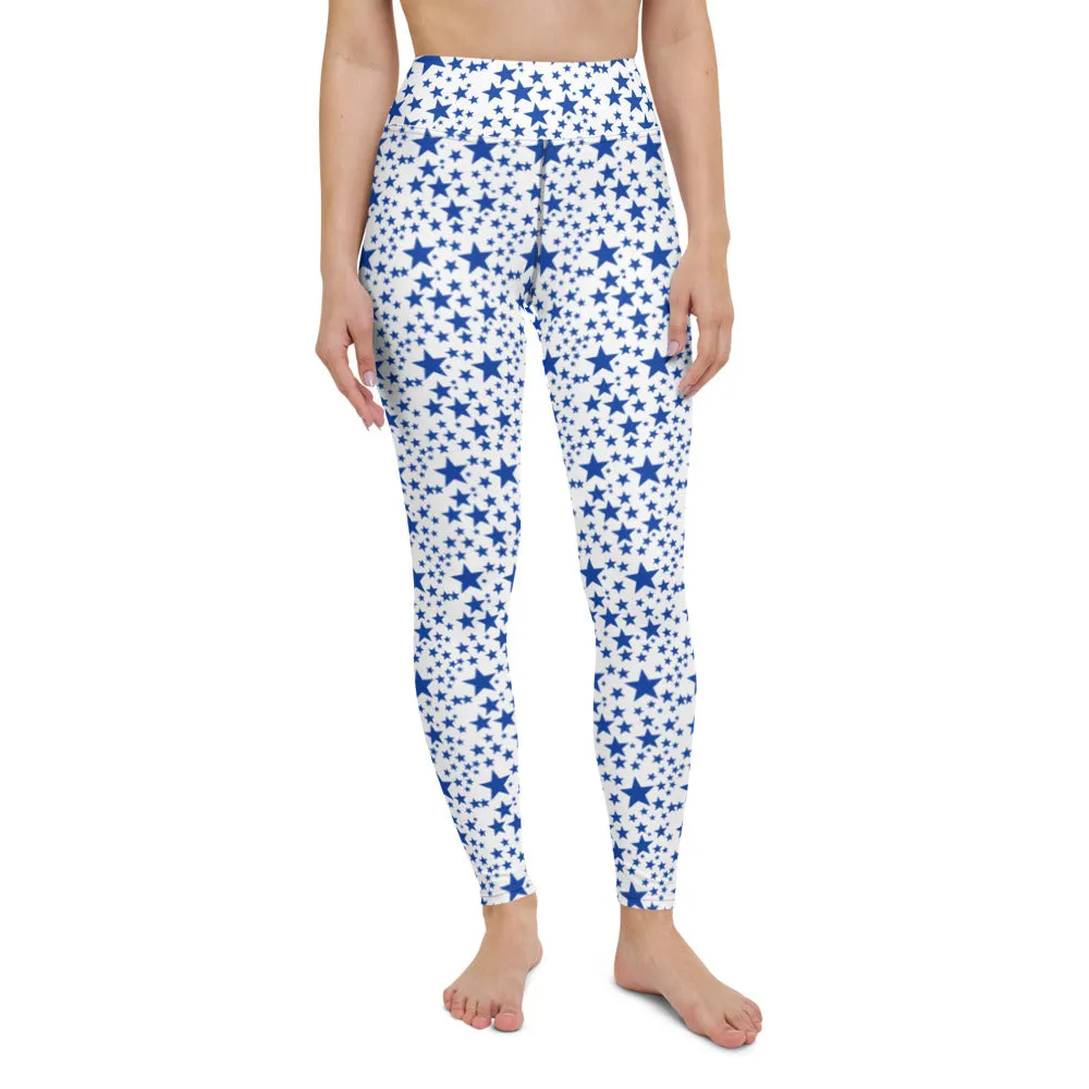 White Blue Starry Yoga Leggings, Fun Star Pattern Women's Gym Sports Tights-Made in USA/EU